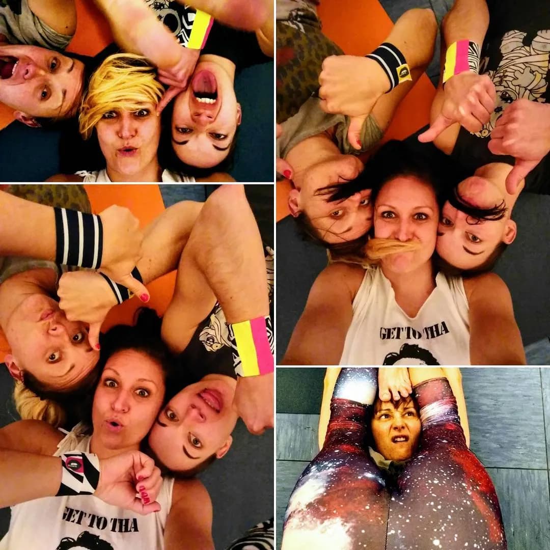 A pole class crew lying on the studio floor pulling faces, all wearing SneakyDeez wraps