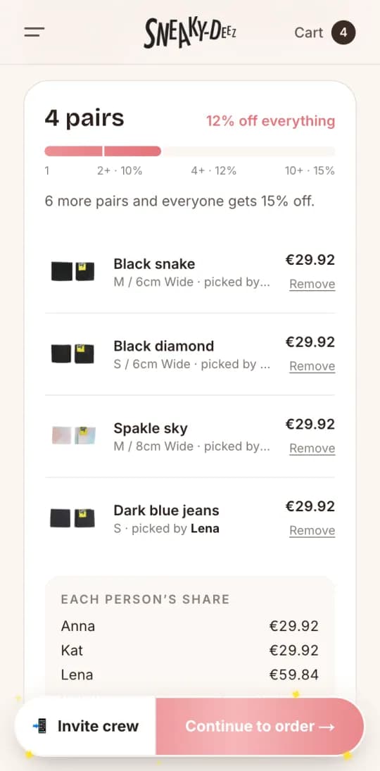 The group order on a phone listing pairs picked by Anna, Kat and Lena, the group discount and each person's share