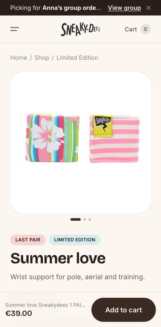 A product page on a phone with a banner saying the friend is picking for Anna's group order