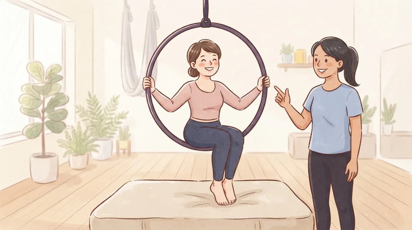 Illustration of a smiling beginner sitting in a low aerial hoop above a soft mat while her coach stands beside her and points encouragingly