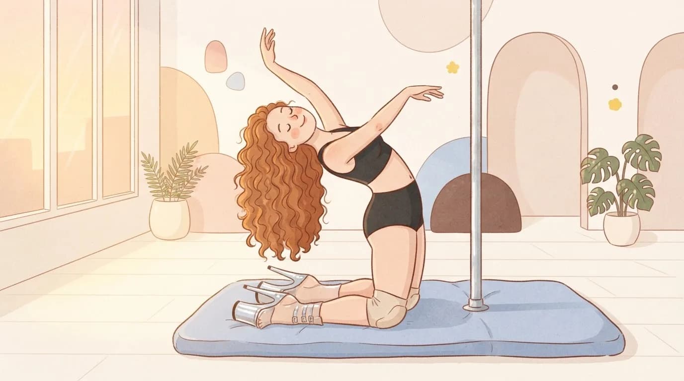 Illustration of a dancer with long curly auburn hair kneeling on a blue mat in kneepads and clear platform heels, arching back in a body roll beside a dance pole