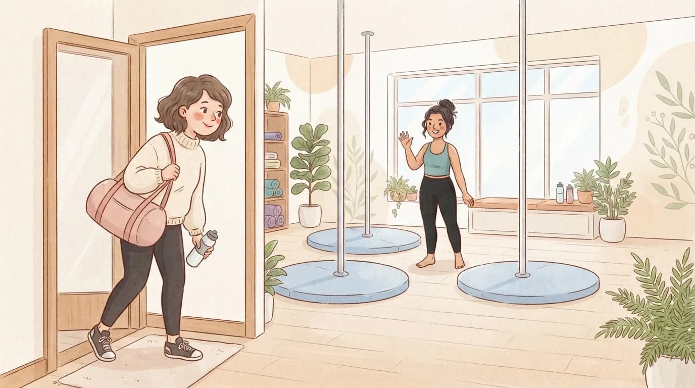 Illustration of a woman with a gym bag stepping through the door of a bright pole studio with crash mats under the poles while an instructor waves hello
