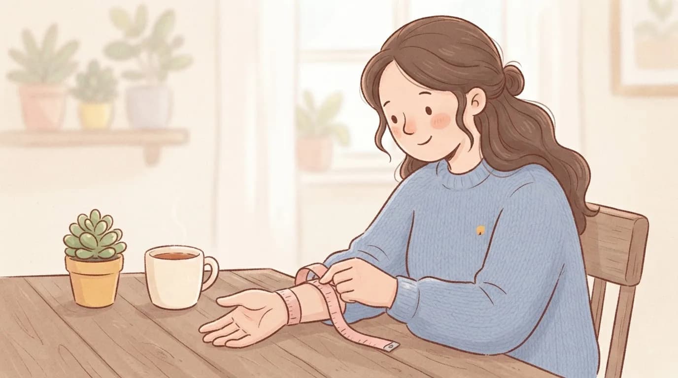 Illustration of a woman at a table wrapping a soft pink tape measure around her wrist joint, with a cup of tea beside her