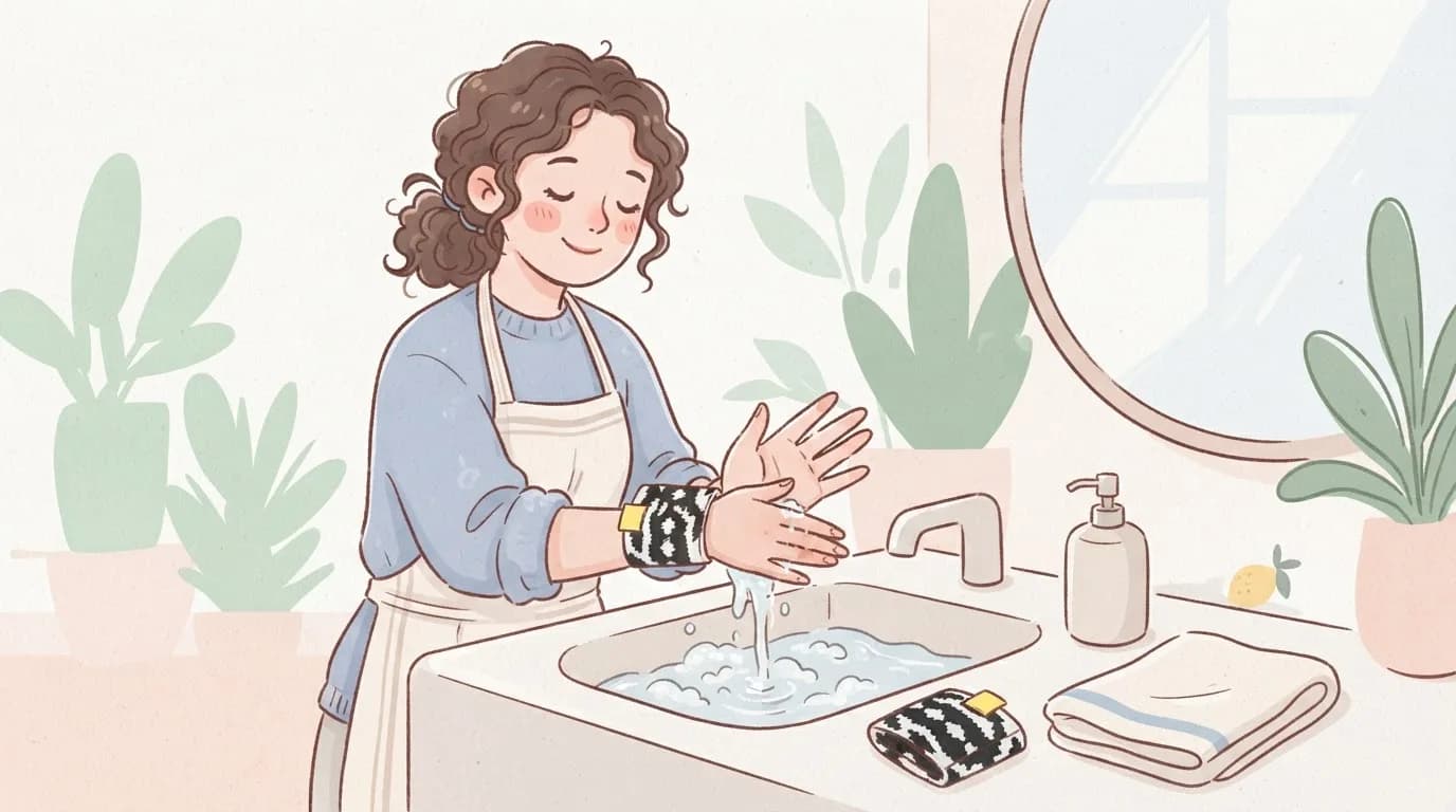 Illustration of a smiling woman with curly hair rinsing her hands over a basin of soapy water at a bathroom sink, wearing a black and white patterned wrist wrap, with a second wrap and a folded towel on the counter