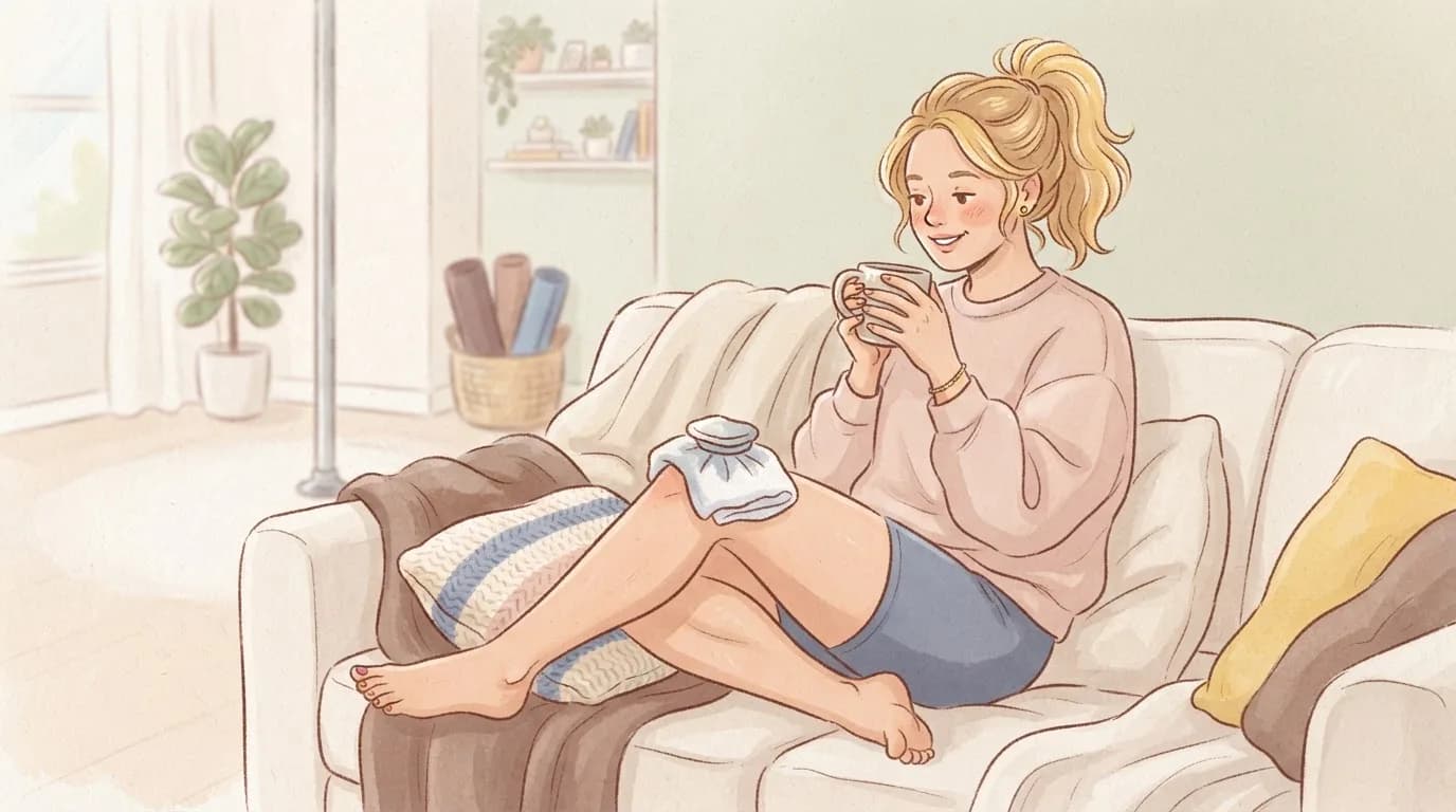 Illustration of a smiling woman with a blonde ponytail relaxing on a sofa after pole class, holding a towel-wrapped cool pack on her knee and a mug of tea