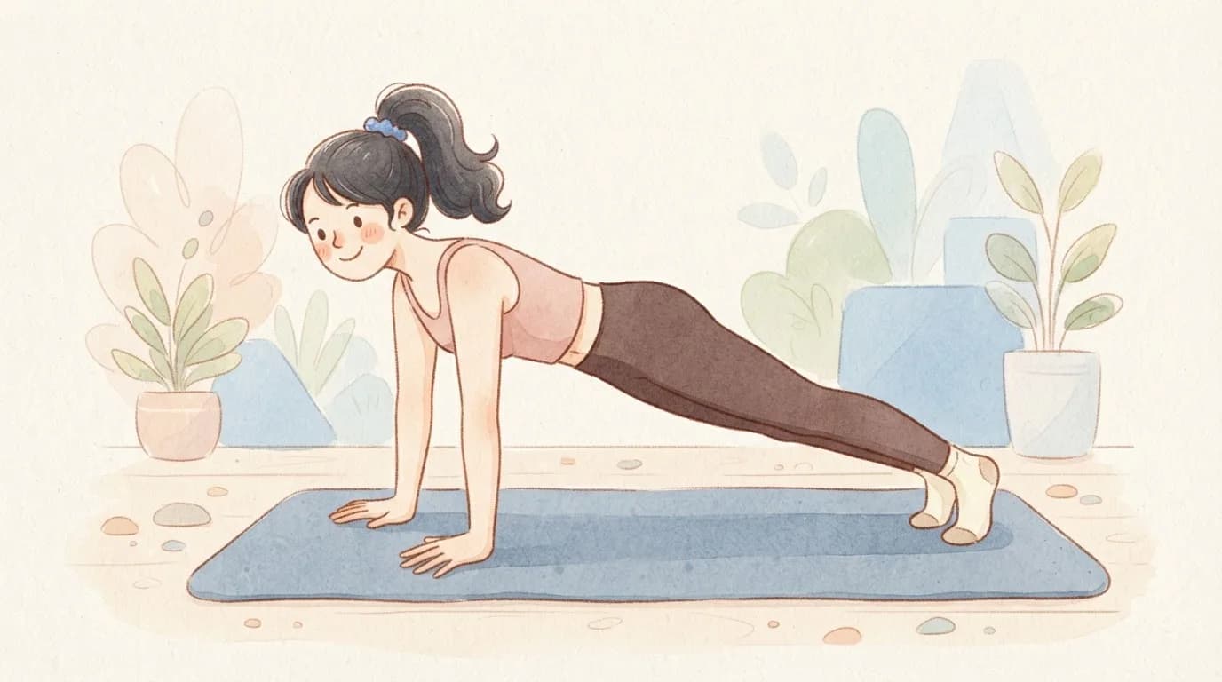Illustration of a smiling woman doing a push-up on a mat with her hands under her shoulders and her body in one straight line