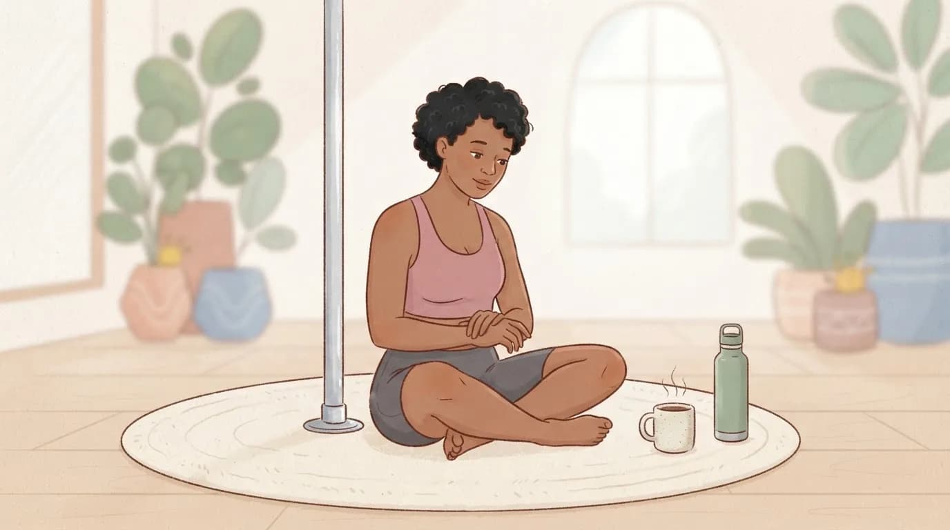 Illustration of a woman with short curly hair sitting cross-legged on a mat at the foot of a dance pole, gently holding her wrist with a mug of tea and a water bottle beside her