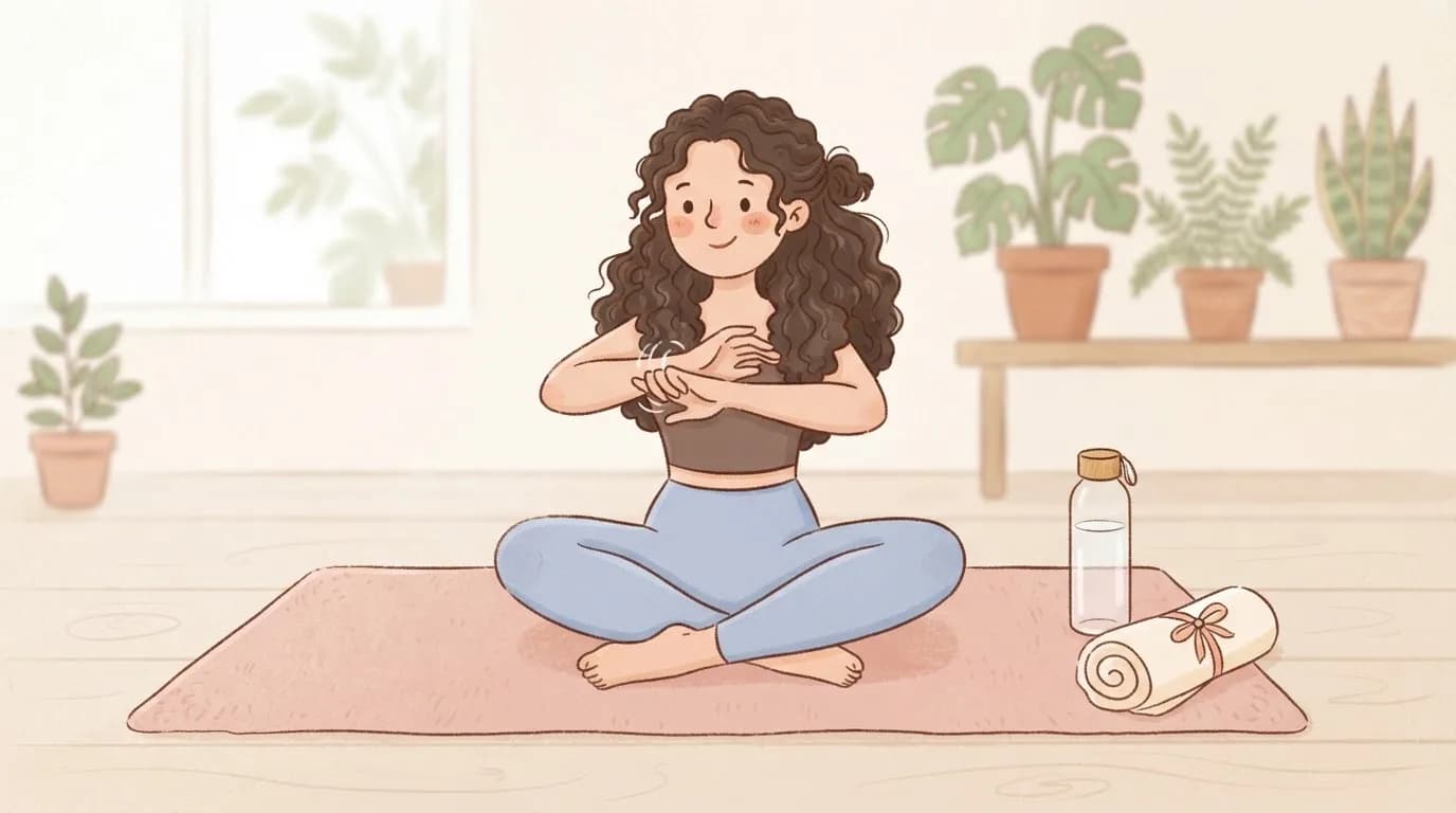 Illustration of a woman with curly dark hair sitting cross-legged on a pink yoga mat, gently warming up her wrists before practice