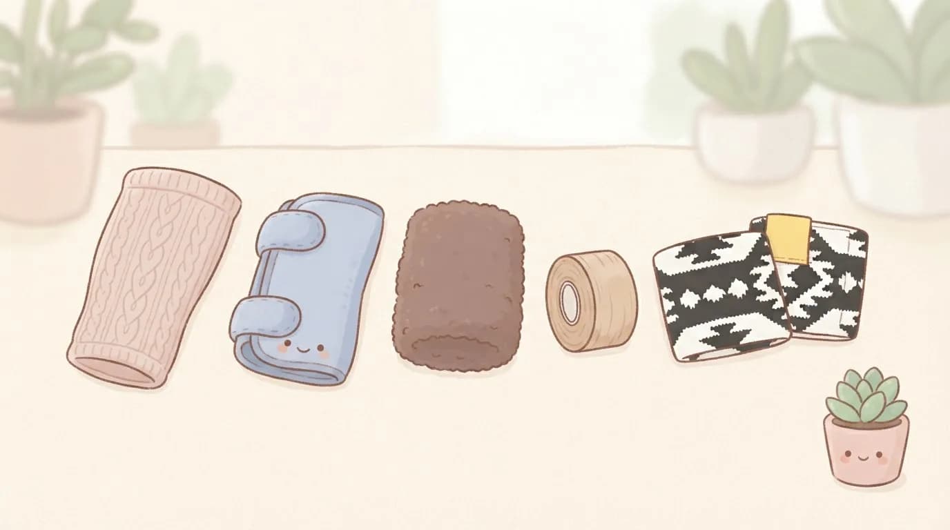Illustration of different wrist supports laid out side by side: a knitted compression sleeve, a soft velcro brace, a sweatband, a roll of sports tape and a pair of patterned wrist wraps