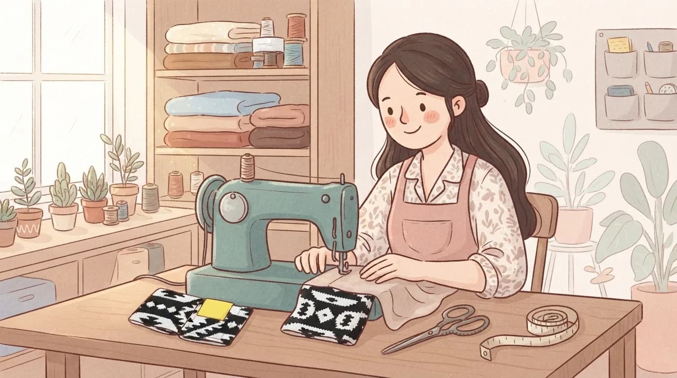 Illustration of a smiling woman with long dark hair sewing at a green sewing machine in a sunny workshop, with stacks of folded fabric on the shelves and a pair of black and white patterned wrist wraps with a yellow tab on the table