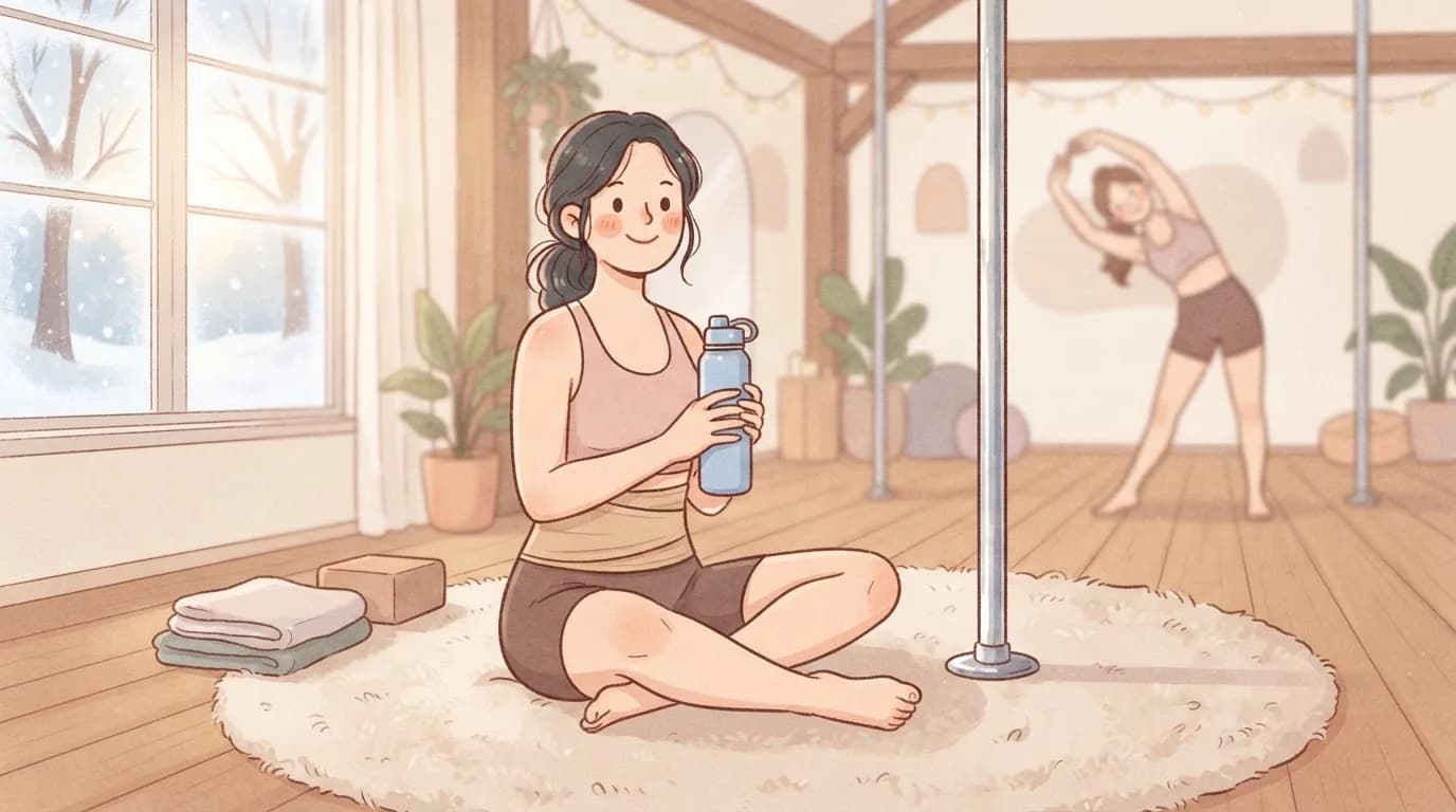 Illustration of a smiling dancer sitting cross-legged on a fluffy rug beside a pole, wearing a soft waist warmer over her shorts and holding a water bottle while a friend stretches behind her and snow falls outside