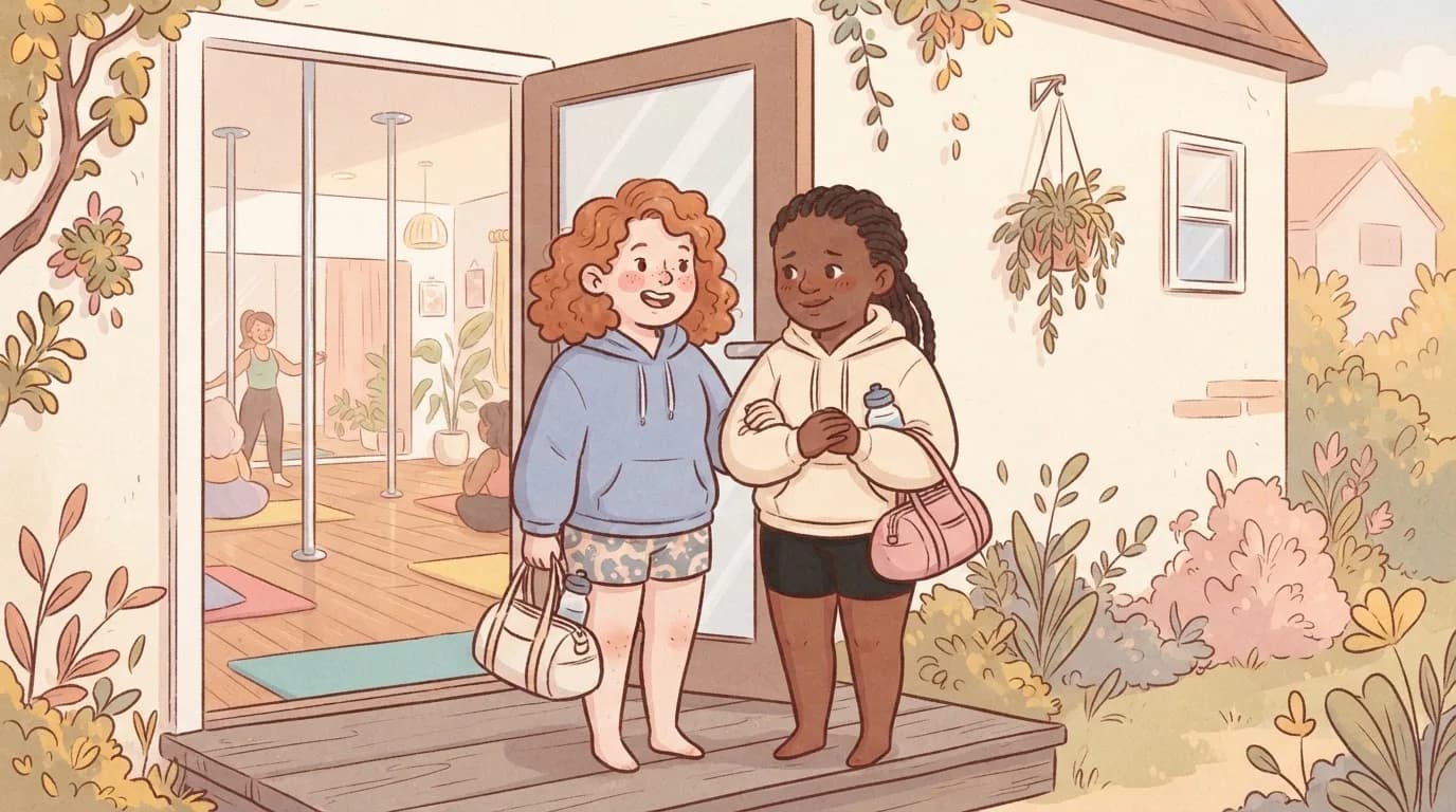 Illustration of two women in hoodies and shorts with gym bags standing at the open door of a pole studio, one excited and one a little shy