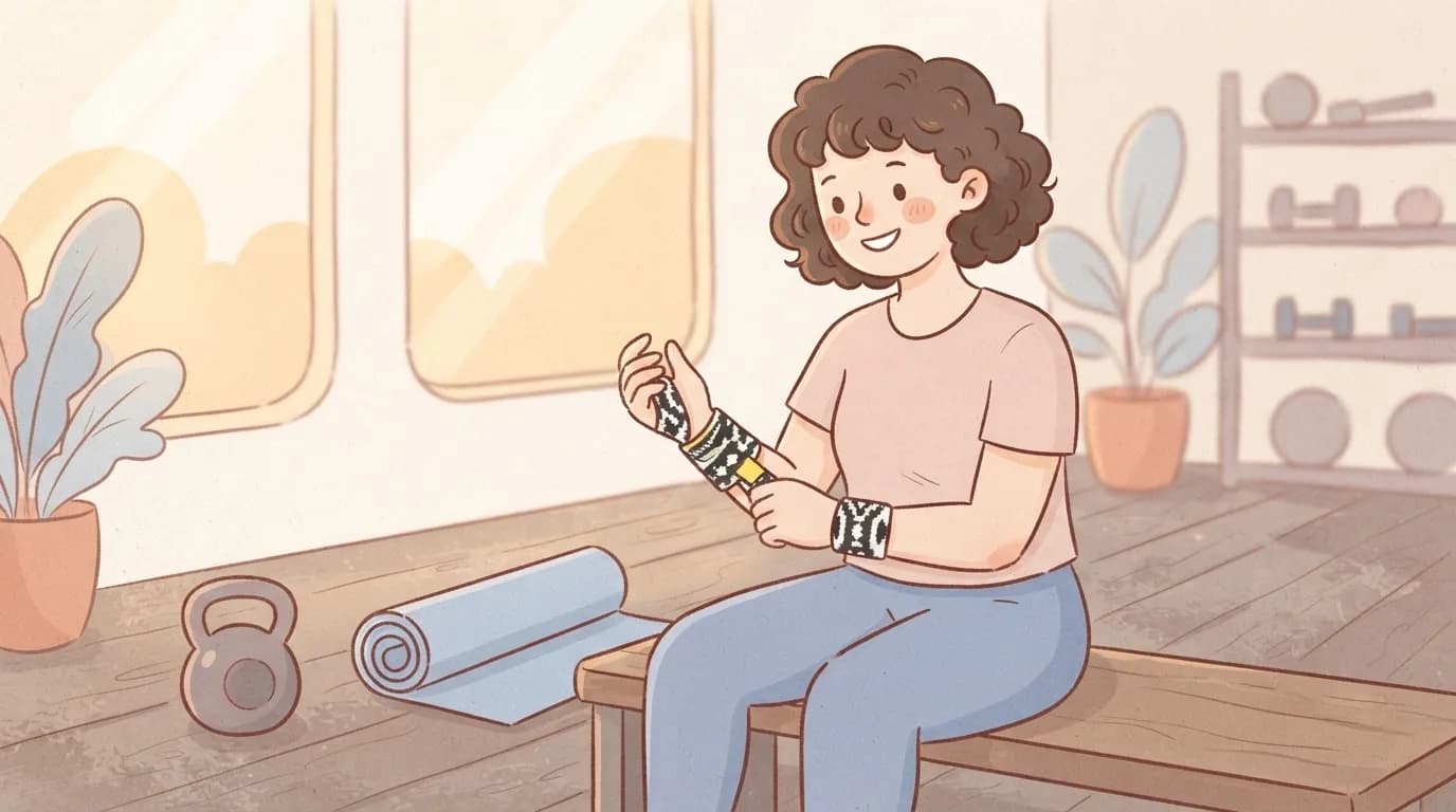 Illustration of a smiling woman with curly hair sitting on a gym bench and putting on patterned wrist wraps before training