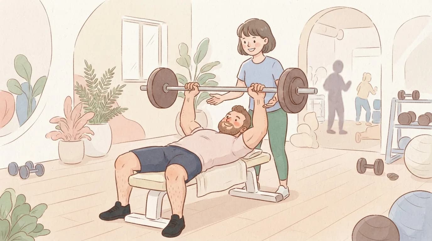 Illustration of a bearded man bench pressing a barbell with straight wrists while a friend stands behind the bench to spot him