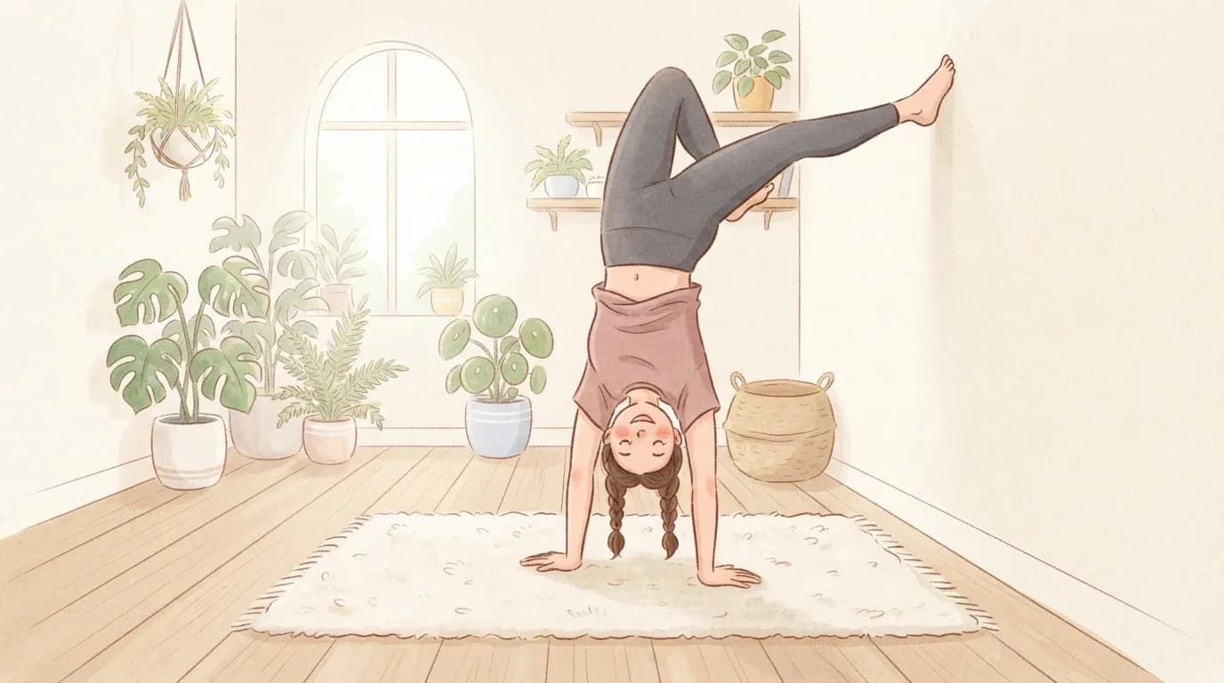 Illustration of a woman with braids balancing in a handstand on a rug, her hands flat and fingers spread