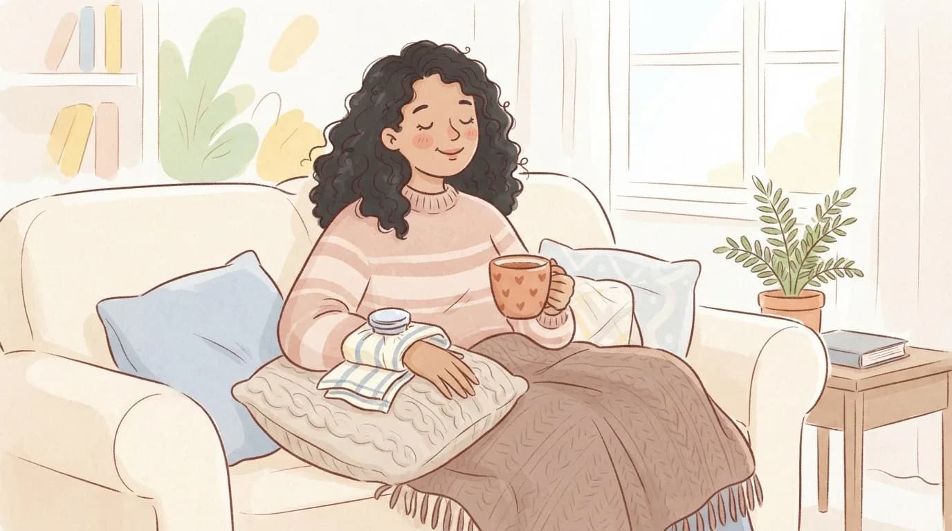 Illustration of a relaxed woman on a sofa resting her wrist on a cushion under a cold pack wrapped in a tea towel, holding a cup of tea