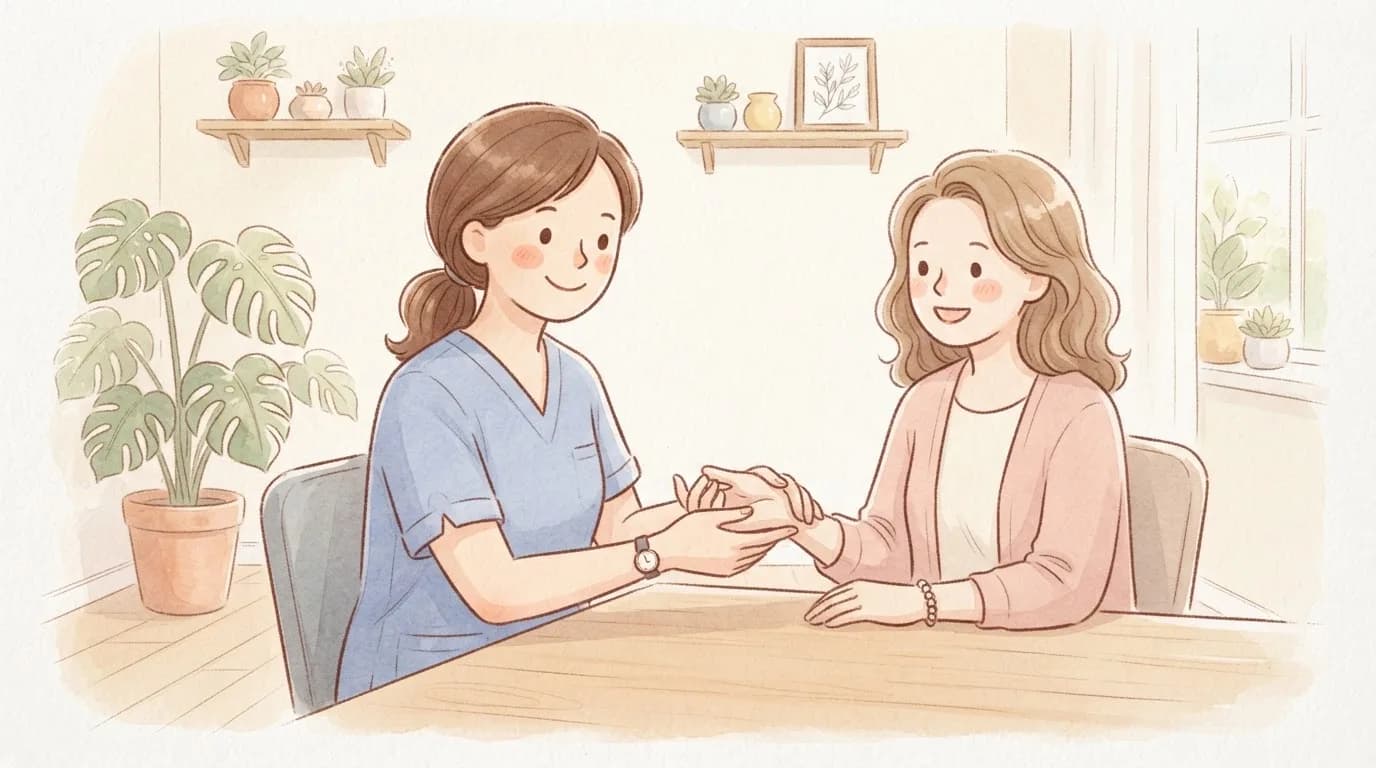 Illustration of a friendly hand doctor gently holding and examining a smiling woman's wrist across a table in a cosy clinic
