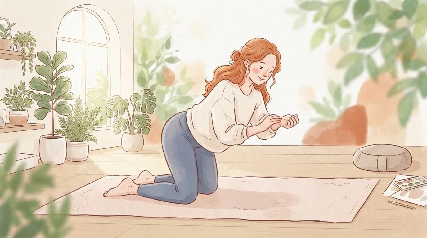 Illustration of a woman with long red hair kneeling on a yoga mat and pausing to hold one wrist, looking at it thoughtfully