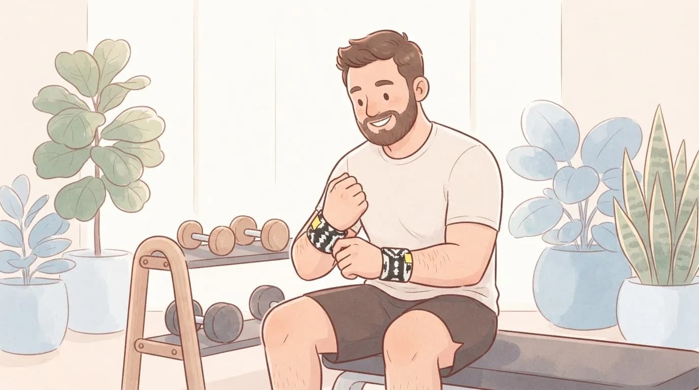 Illustration of a smiling bearded man on a gym bench fastening short black and white patterned wrist wraps before his workout