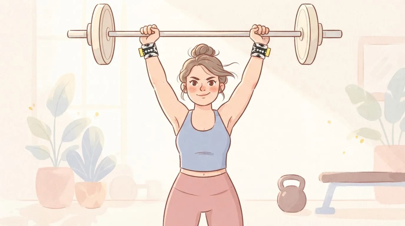 Illustration of a woman pressing a barbell overhead with straight arms and stacked wrists, wearing short black and white patterned wrist wraps