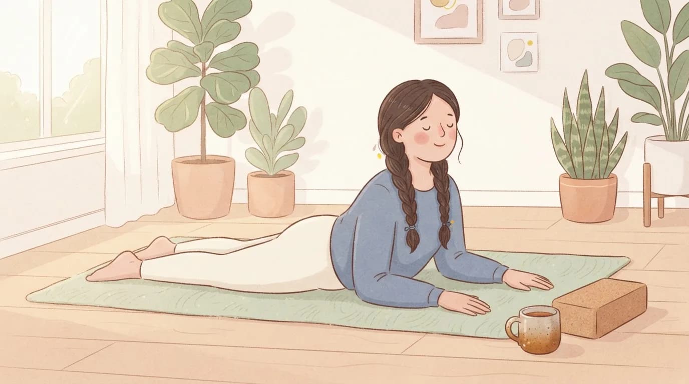 Illustration of a calm woman with long braids lying on her front on a yoga mat, propped up in a gentle sphinx-style pose, with a cup of tea beside her