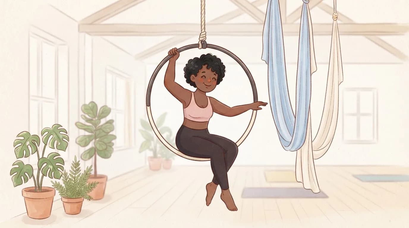 Illustration of a smiling woman sitting in an aerial hoop holding the top of the hoop, with aerial silks hanging beside her