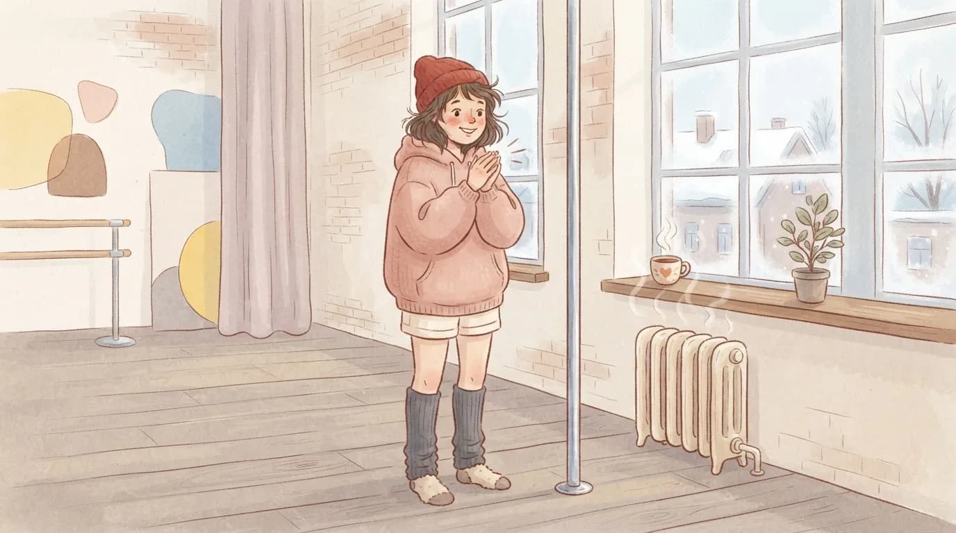 Illustration of a woman in a beanie, hoodie and leg warmers rubbing her hands together beside a dance pole in a chilly studio with frosty windows