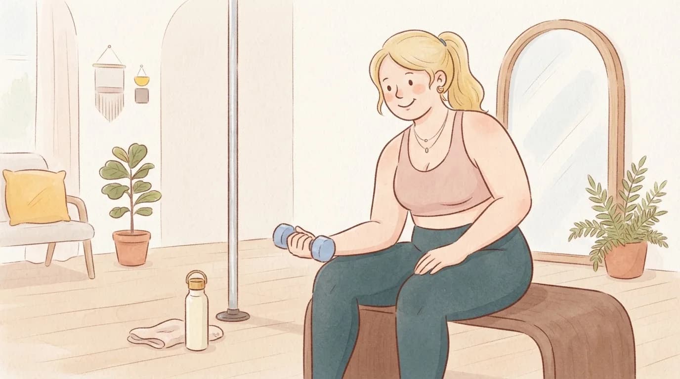 Illustration of a smiling woman sitting on a bench in a pole studio holding a light dumbbell for forearm work, with a water bottle beside her