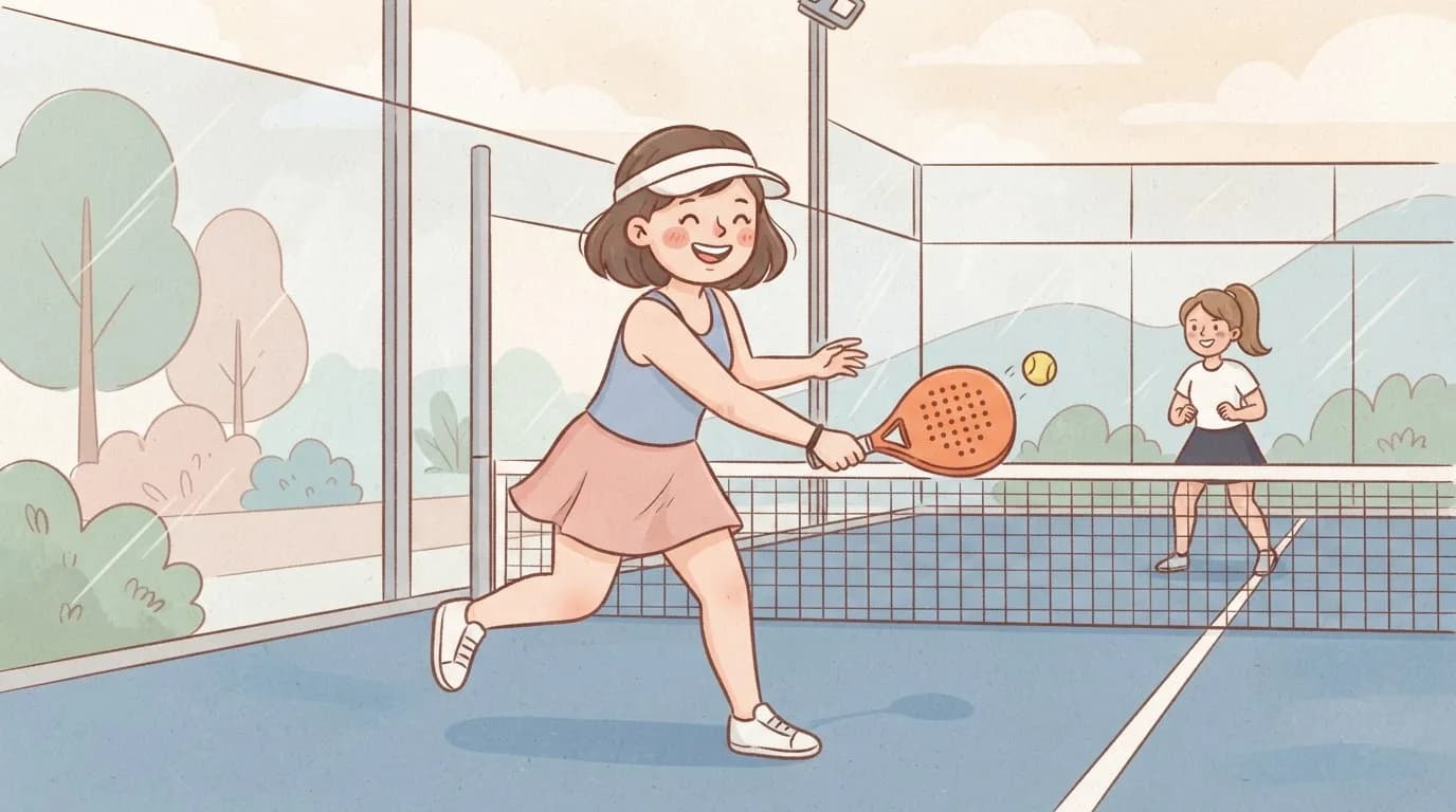 Illustration of a cheerful woman in a visor and skirt swinging her racket at a yellow ball on a padel court, with her partner smiling in the background