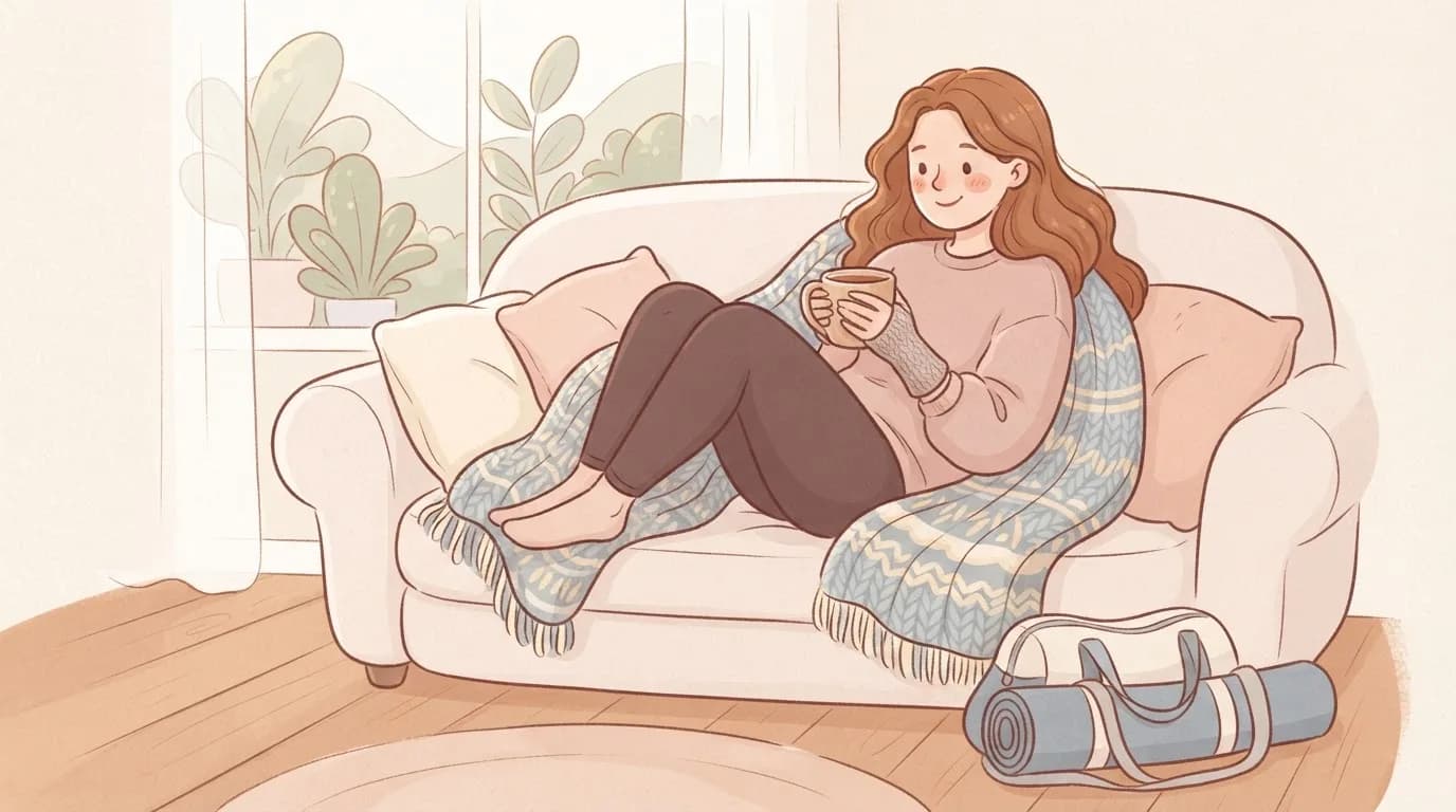 Illustration of a relaxed woman curled up on a sofa with a mug of tea, wearing a knitted compression sleeve on her wrist after training