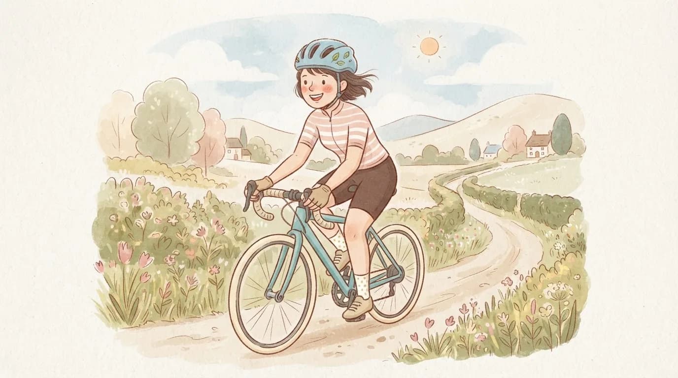 Illustration of a happy woman in a helmet and cycling gloves riding a road bike along a quiet country lane with relaxed hands on the bars