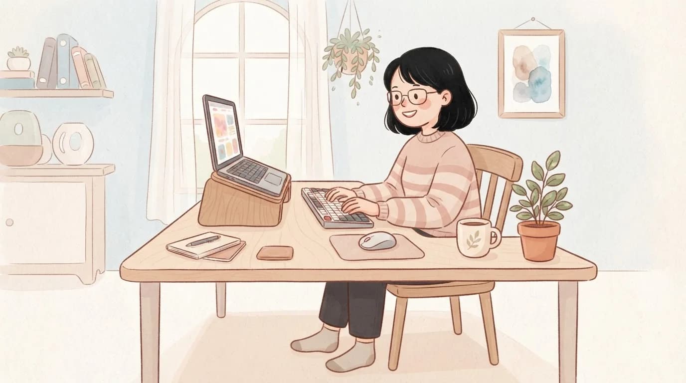 Illustration of a cheerful woman with glasses typing at a tidy desk with relaxed straight wrists, her laptop raised on a stand