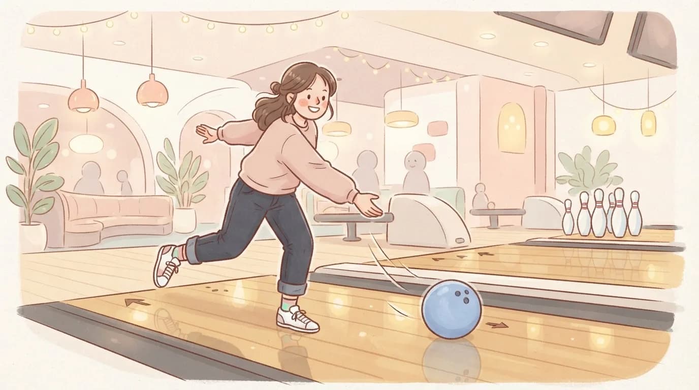 Illustration of a happy woman in a pastel bowling alley rolling a blue bowling ball down the lane towards the pins