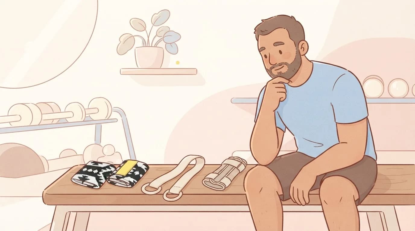 Illustration of a bearded man sitting on a gym bench thinking, next to a pair of black and white patterned wrist wraps, a pair of looped lifting straps and a soft wrist brace laid out in a row