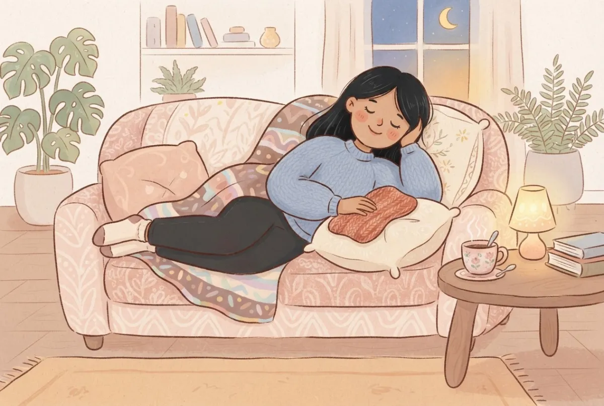 Illustration of a woman lying on a sofa in the evening with her forearm on a cushion and a warm heat pack over it, a cup of tea on the side table