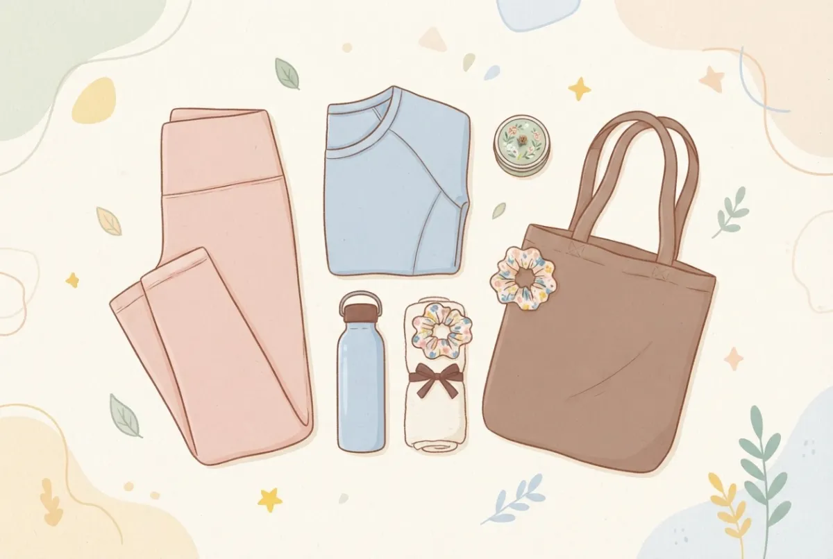Illustration of a flat lay of aerial hoop class kit with pink leggings, a blue long-sleeve top, a water bottle, a rolled towel, a small tin of hand balm, scrunchies and a brown tote bag