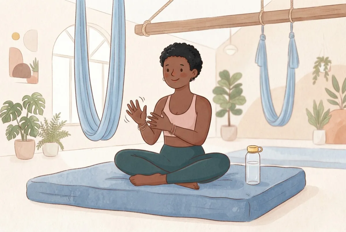 Illustration of an aerialist sitting cross-legged on a crash mat under the silks, shaking out her hands with a water bottle beside her