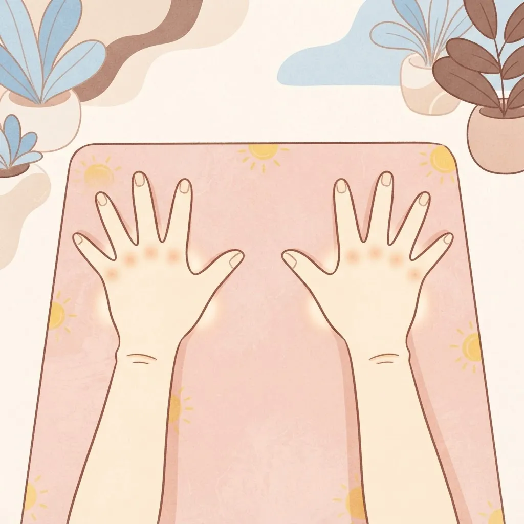 Illustration of two hands flat on a yoga mat seen from above, fingers spread wide with soft glows under the knuckles