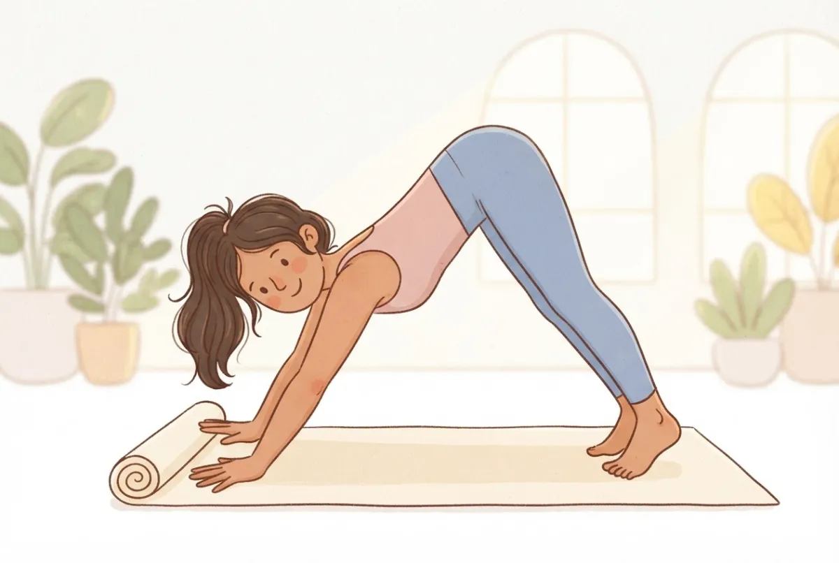 Illustration of a woman in downward dog with the heels of her hands resting on the rolled-up front edge of her mat