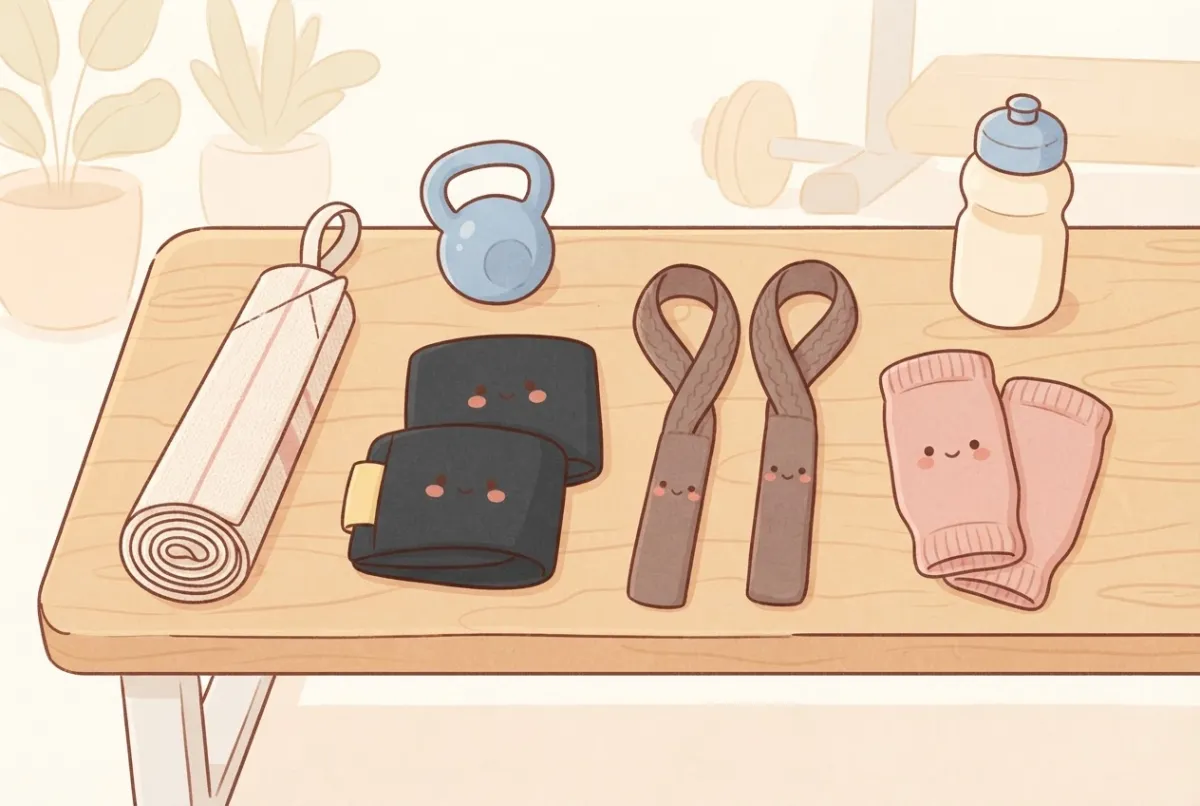 Illustration of four kinds of wrist support laid out on a gym bench: a long rolled powerlifting wrap, a pair of short elastic wraps, lifting straps and a soft knitted sleeve