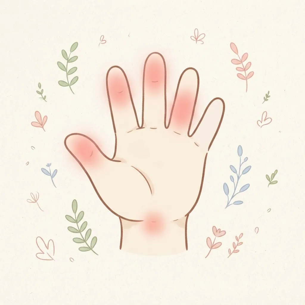 Illustration of an open palm with soft pink glows on the thumb, index finger, middle finger and part of the ring finger, while the little finger stays plain
