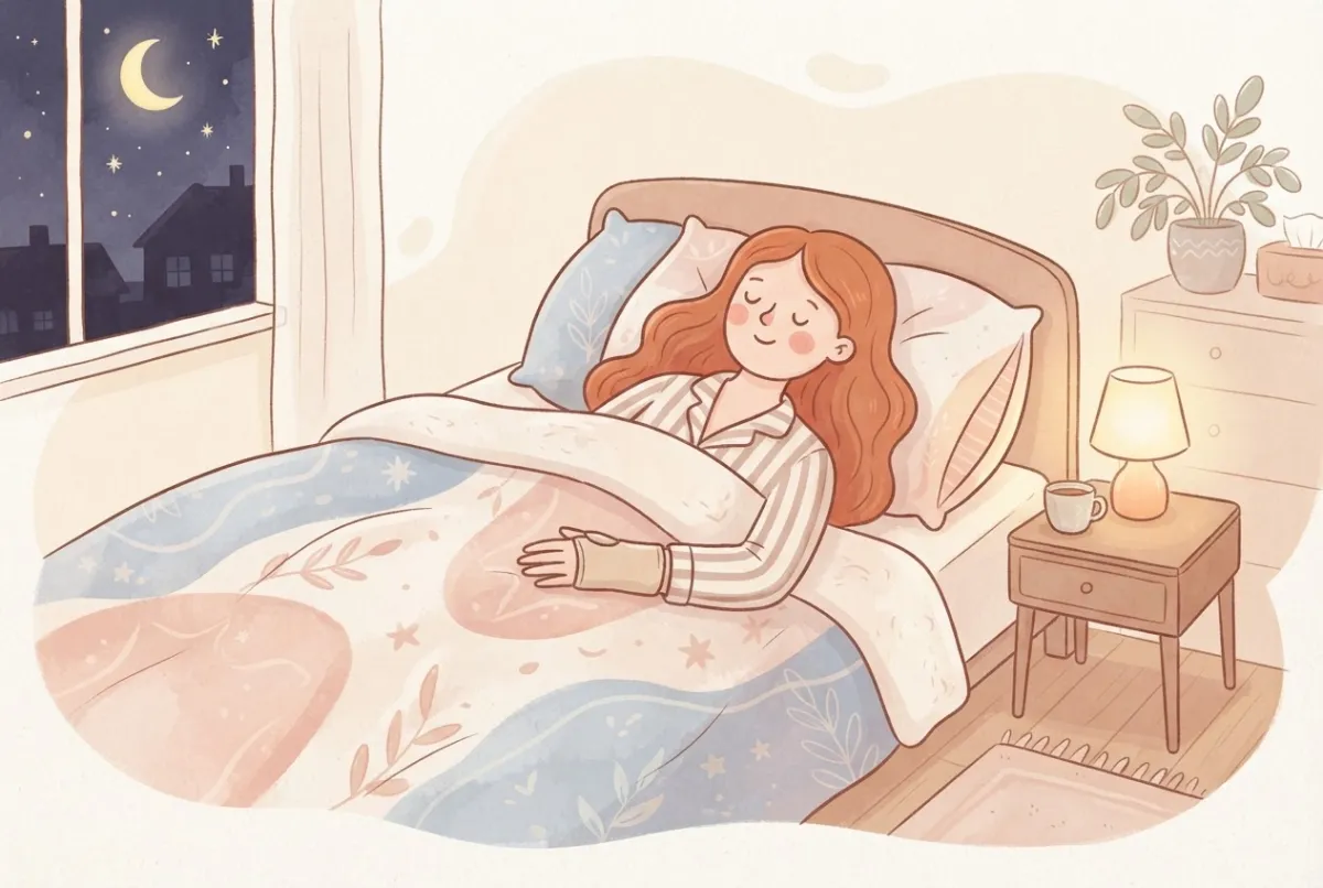Illustration of a woman sleeping peacefully in bed with a soft wrist splint keeping one wrist straight on top of the duvet