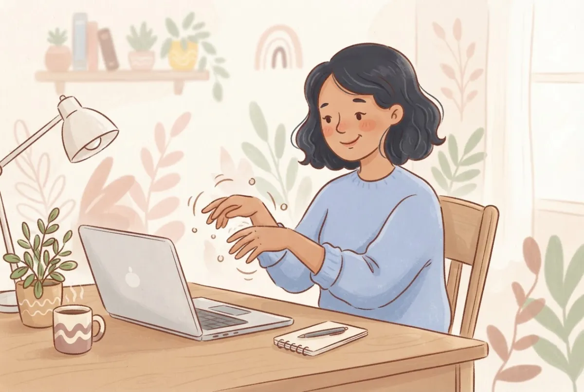 Illustration of a woman at her desk taking a typing break and gently shaking out her relaxed hands