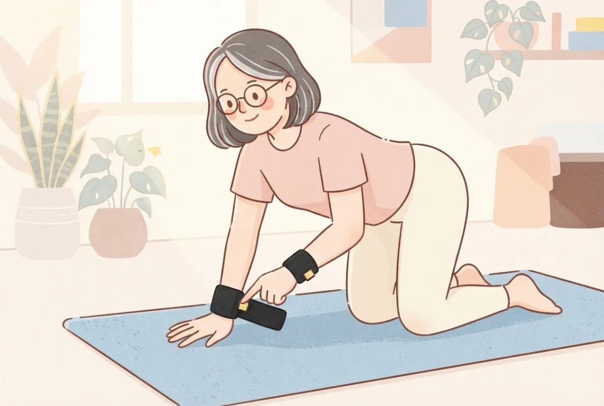 Illustration of a woman in tabletop on a yoga mat fastening black wrist wraps around her wrists