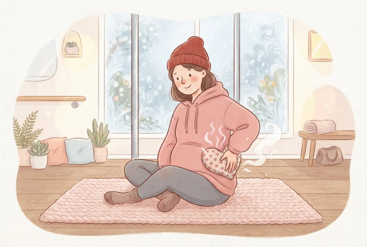 Illustration of a woman in a hoodie sitting on a mat in a cold studio, holding a warm heart-shaped heat pack against her lower back