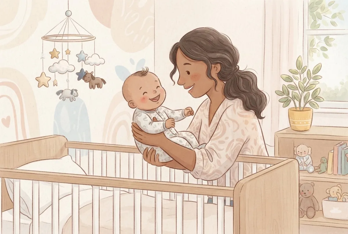 Illustration of a smiling mum lifting her laughing baby from a cot with her palms facing up under the baby and her wrists straight