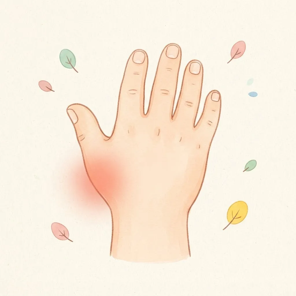 Illustration of the back of a hand with a soft rosy glow on the thumb side of the wrist, just below the base of the thumb