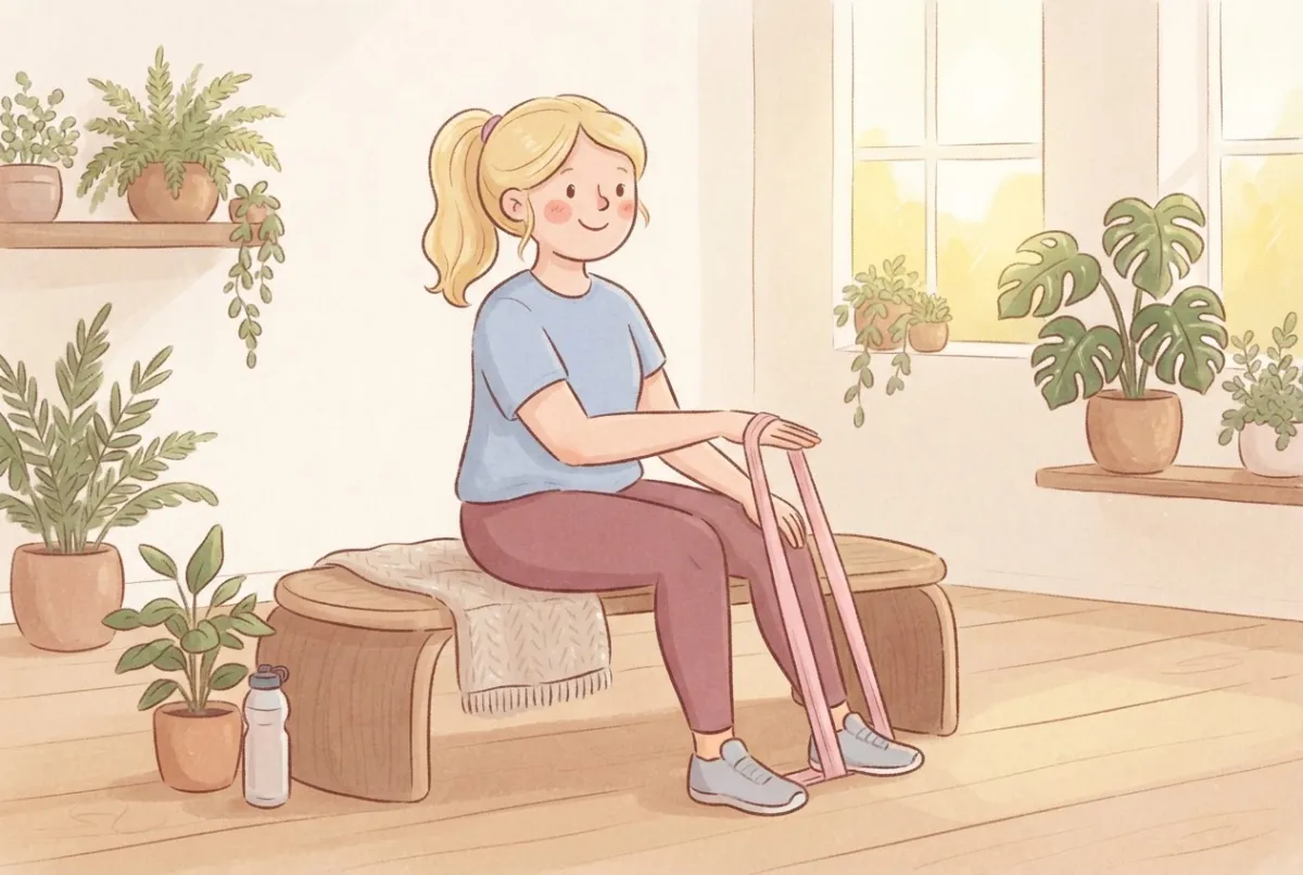 Illustration of a woman sitting on a bench with her forearm on her thigh, lifting the back of her hand against a light resistance band held under her foot
