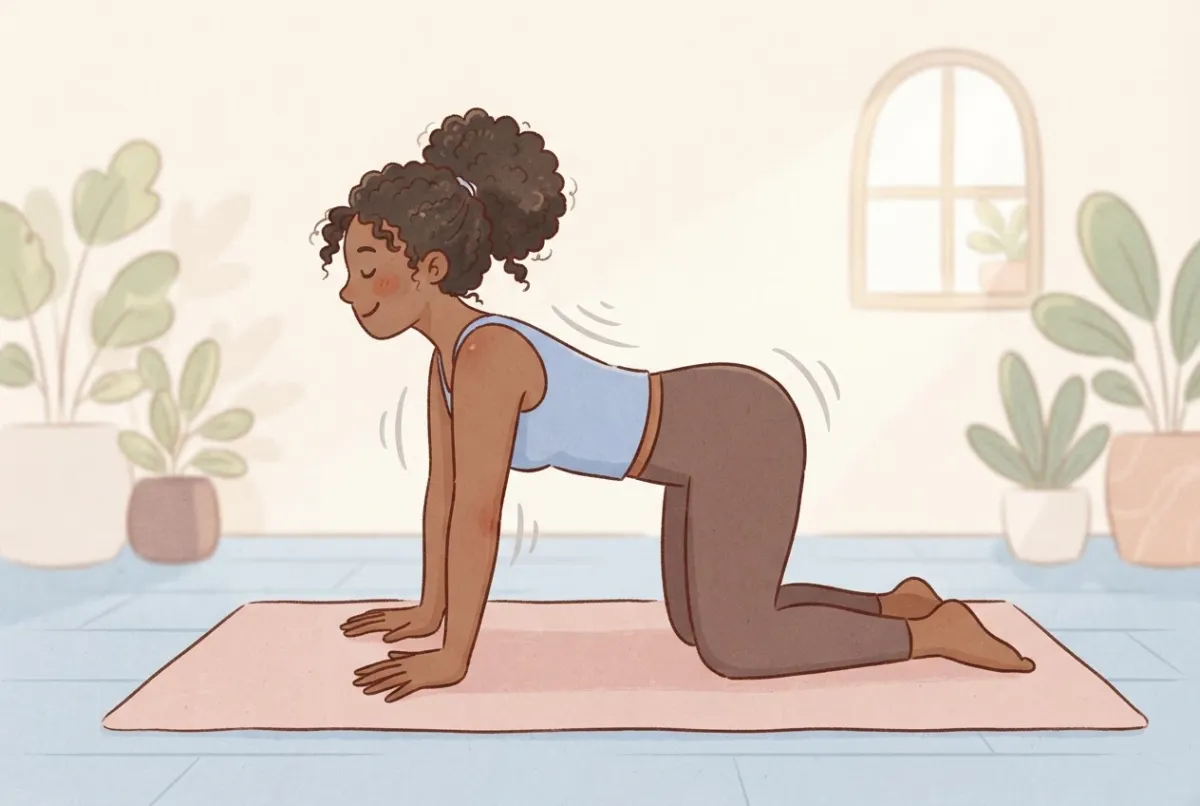 Illustration of a woman on her hands and knees on a mat, gently rocking her weight forward over her flat hands