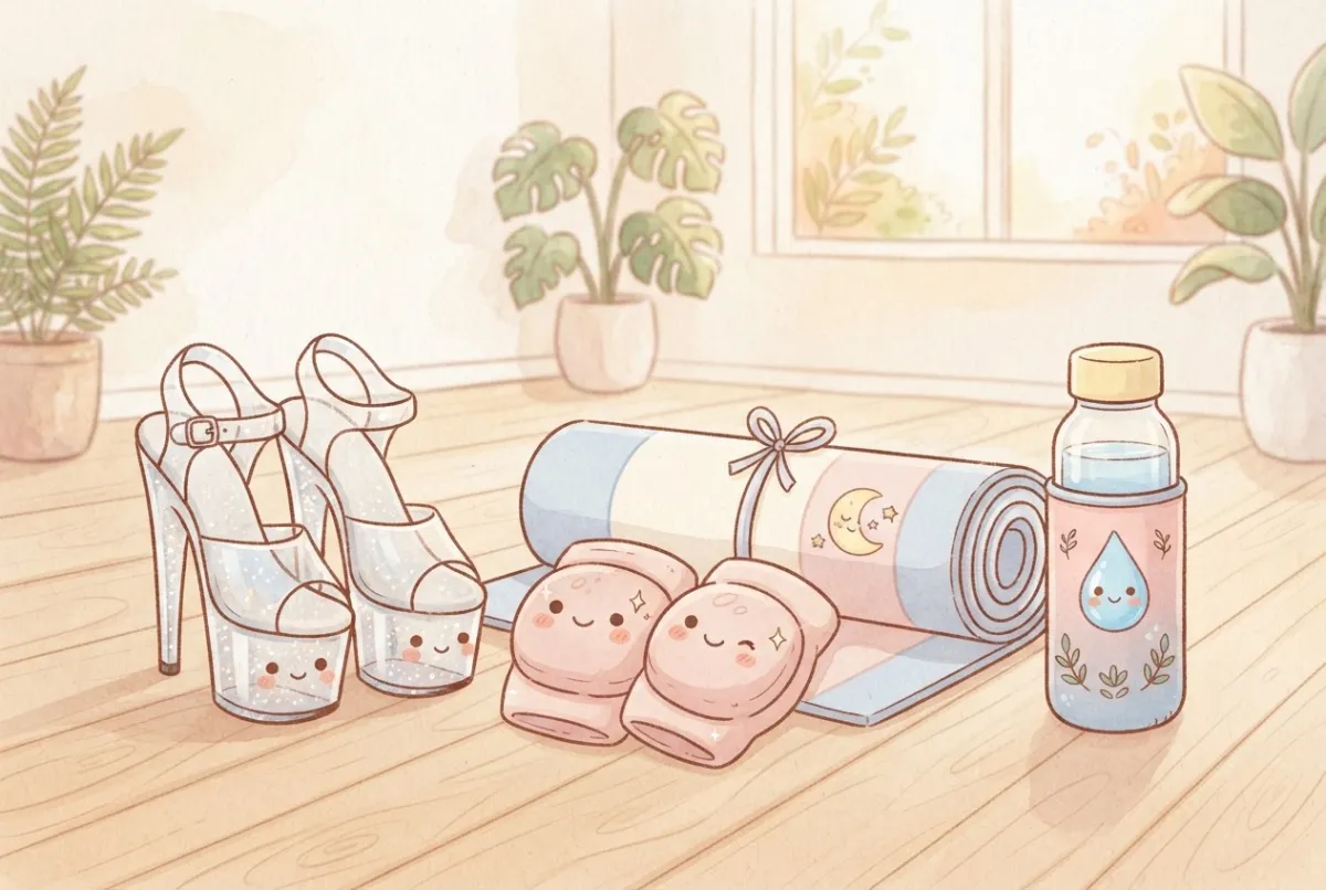 Illustration of clear platform high-heel shoes, a pair of pink kneepads, a rolled exercise mat and a water bottle on a wooden studio floor
